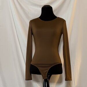 Women’s brown, long-sleeved, body suite.